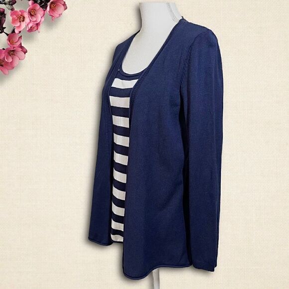 Navy & White Stripe Pullover Faux Cardigan Sweater Sz L 12-14 - Picture 2 of 12